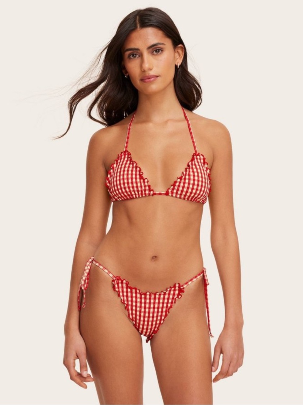 Women's Lettuce Edge String Bikini Bottom - Parke x Target Red Gingham Check XS - Picture 2 of 9